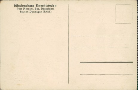 Adressseite der Ansichtskarte Missionshaus Knechtsteden Post Horrem, Bez. Düsseldorf Station Dormagen (Rhld.), Torbau (1709)