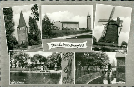 Alte Ansichtskarte Dinslaken-Hiesfeld, Evangelische Kirche, Heilig-Geist-Kirche, Windmühle, Schwimmbad, Wassermühle