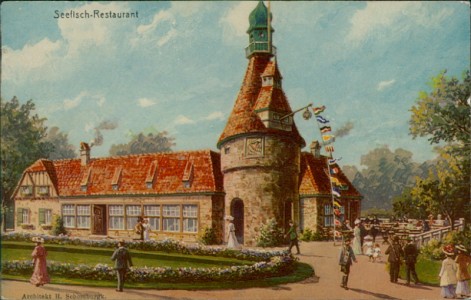 Alte Ansichtskarte Hamburg, 16. Deutsches Bundesschiessen 1909. Seefisch-Restaurant, Architekt H. Schomburgk