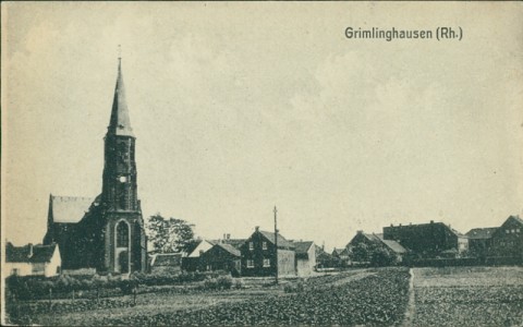 Alte Ansichtskarte Grimlinghausen (Rh.), Teilansicht mit Kirche