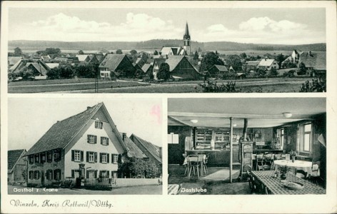 Alte Ansichtskarte Winzeln, Kreis Rottweil/Wttbg., Gesamtansicht, Gasthof z. Krone mit Gaststube
