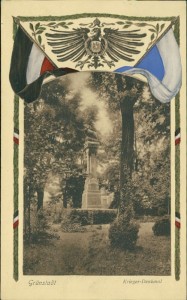 Alte Ansichtskarte Grünstadt, Krieger-Denkmal mit Wappen und Reichsfahne