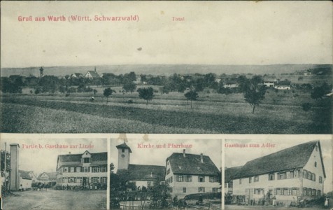 Alte Ansichtskarte Gruß aus Warth (Württ. Schwarzwald), Partie b. Gasthaus zur Linde, Kirche und Pfarrhaus, Gasthaus zum Adler