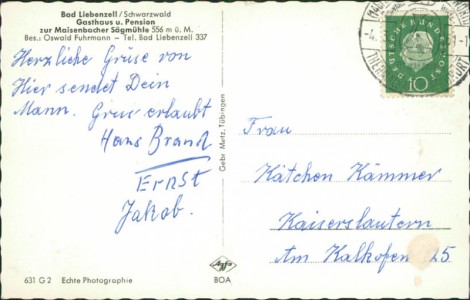 Adressseite der Ansichtskarte Bad Liebenzell / Schwarzwald, Gasthaus u. Pension zur Maisenbacher Sägmühle. Bes.: Oswald Fuhrmann - Tel. Bad Liebenzell 337