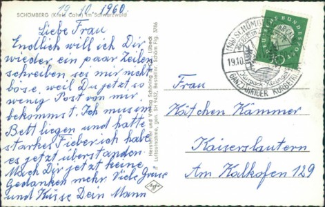 Adressseite der Ansichtskarte Schömberg (Kreis Calw) im Schwarzwald, Luftaufnahme