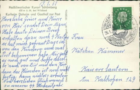 Adressseite der Ansichtskarte Schömberg, Kurheim Daheim und Gasthof zur Post