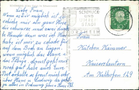 Adressseite der Ansichtskarte Schömberg (Kreis Calw) im Schwarzwald, Luftaufnahme