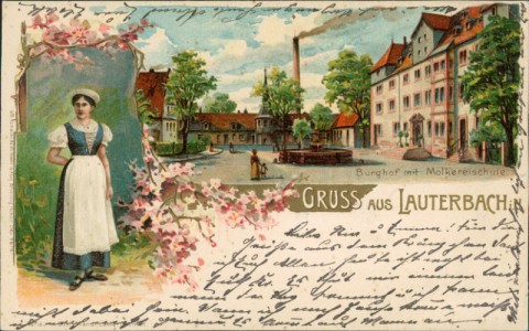Alte Ansichtskarte Gruss aus Lauterbach, Burghof mit Molkereischule
