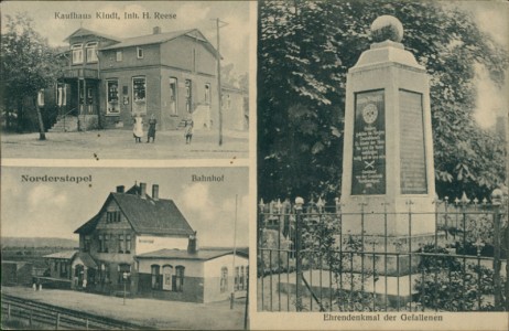 Alte Ansichtskarte Norderstapel, Kaufhaus Kindt, Inh. H. Reese, Bahnhof, Ehrendenkmal der Gefallenen