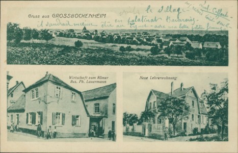 Alte Ansichtskarte Bockenheim-Großbockenheim, Gesamtansicht, Wirtschaft zum Römer Bes. Ph. Lauermann, Neue Lehrerwohnung