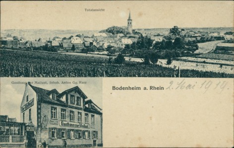 Alte Ansichtskarte Bodenheim a. Rhein, Totalansicht, Gasthaus zur Mailust, Inhab. Anton Gg. Kerz