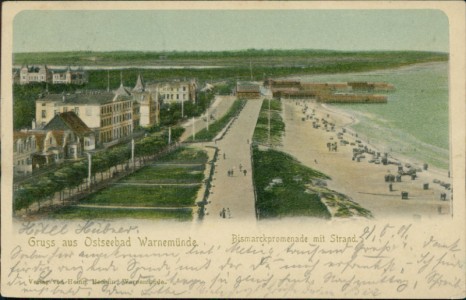 Alte Ansichtskarte Gruss aus Ostseebad Warnemünde, Bismarckpromenade mit Strand