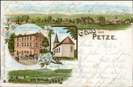 Alte Ansichtskarte Gruss aus Petze, Gesamtansicht, Gasthof zum "Fasan" A. Voshage, Kirche, Griesberg