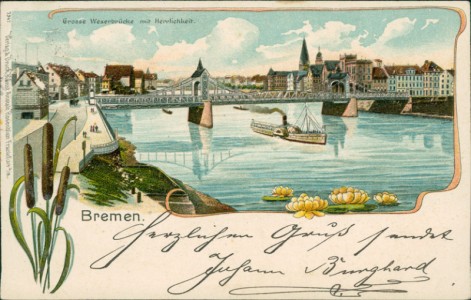 Alte Ansichtskarte Bremen, Grosse Weserbrücke mit Herrlichkeit