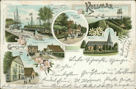 Alte Ansichtskarte Gruss aus Kollmar, Hafen, Magen's Gasthof, An der Elbe, Chausee n. d. Hafen, Kirche, Gasthof z. Post