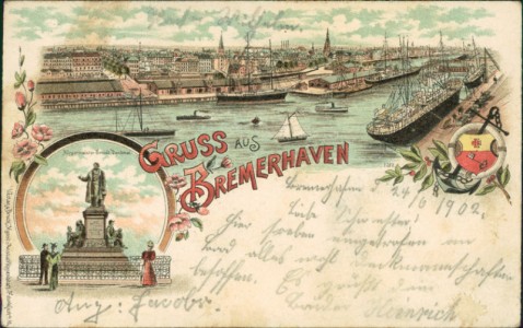 Alte Ansichtskarte Gruss aus Bremerhaven, Gesamtansicht, Bürgermeister Smidt-Denkmal