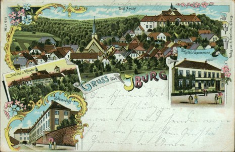 Alte Ansichtskarte Gruss aus Iburg, Total Ansicht, Schloss u. Kloster, Hotel Gersemann, Schlossplatz
