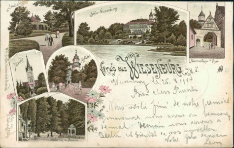 Alte Ansichtskarte Gruss aus Wiesenburg, Schloss Wiesenburg, Männecken-Tor, Kirche, Auffahrt, Schlosshof m. Brunnen