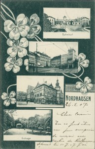 Alte Ansichtskarte Nordhausen, Bahnhof, Kornmarkt, Rathaus, Gehege