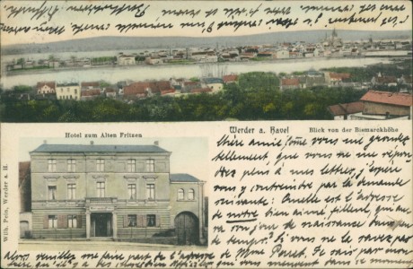 Alte Ansichtskarte Werder a. Havel, Hotel zum Alten Fritzen, Blick von der Bismarckhöhe