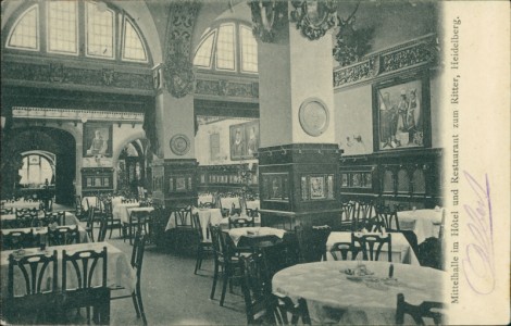 Alte Ansichtskarte Heidelberg, Mittelhalle im Hotel und Restaurant zum Ritter