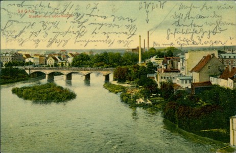 Alte Ansichtskarte Sagan / Żagań, Stadtteil und Boberbrücke