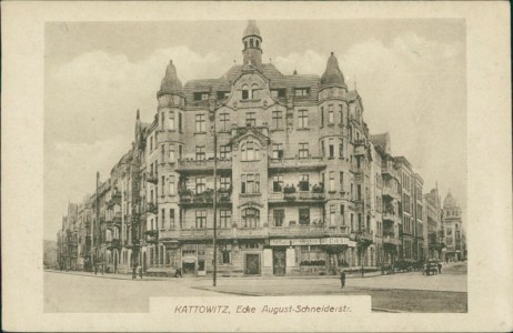 Alte Ansichtskarte Kattowitz / Katowice, Ecke August-Schneiderstr.