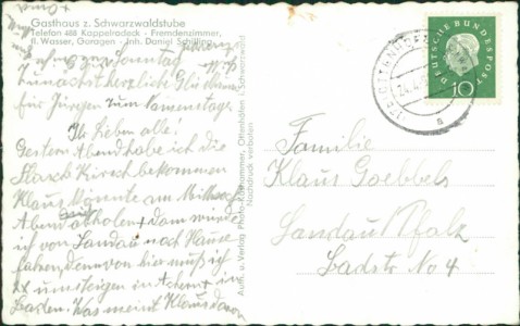 Adressseite der Ansichtskarte Ottenhöfen, Gasthaus z. Schwarzwaldstube