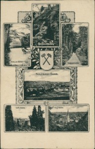 Alte Ansichtskarte Sulzbach/Saar, Der brennende Berg, Partie am Weiher, Bergmannspfad, Kath. Kirche, Evgl. Kirche