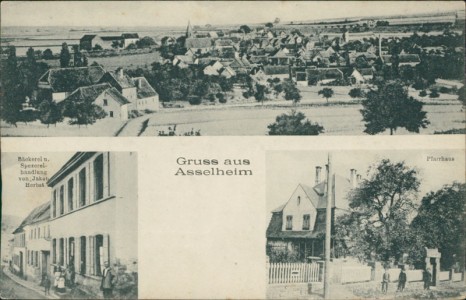 Alte Ansichtskarte Grünstadt-Asselheim, Bäckerei u. Spezereihandlung von Jakob Herbst, Pfarrhaus
