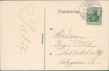 Adressseite der Ansichtskarte Endingen am Kaiserstuhl, Gasthaus z. Pfauen von Julius Amann