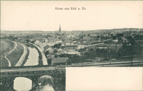 Alte Ansichtskarte Kehl, Panorama mit Eisenbahnbrücke