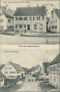 Alte Ansichtskarte Heidenheim an der Brenz-Oggenhausen, Gem. Warengeschäft von Chr. Staud, Partie beim Rathaus
