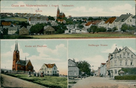 Alte Ansichtskarte Lugau-Niederwürschnitz, Totalansicht, Kirche mit Pfarrhaus, Stollberger Strasse