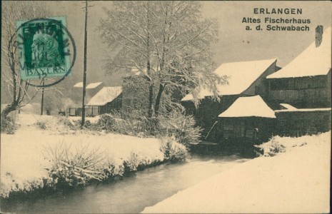 Alte Ansichtskarte Erlangen, Altes Fischerhaus a. d. Schwabach im Schnee