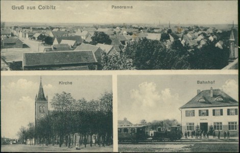Alte Ansichtskarte Colbitz (Elbe-Heide), Panorama, Kirche, Bahnhof mit Eisenbahn