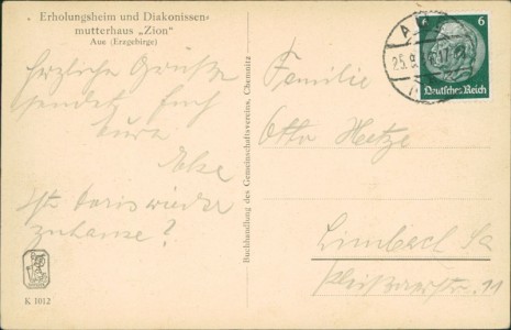 Adressseite der Ansichtskarte Aue (Erzgebirge), Erholungsheim und Diakonissenmutterhaus Zion
