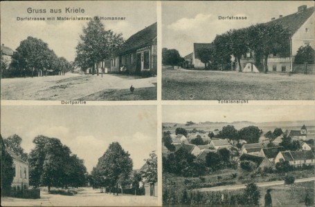 Alte Ansichtskarte Kotzen-Kriele (Nennhausen), Dorfstrasse mit Materialwaren G. Homanner, Dorfpartie, Totalansicht