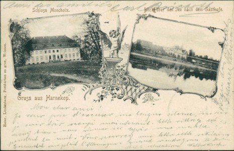 Alte Ansichtskarte Prötzel-Harnekop (Barnim-Oderbruch), Schloss Monchoix, Blick über den See nach dem Gasthofe