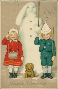 Alte Ansichtskarte Fröhliche Weihnachten, Kinder mit Schneemann und Dackel
