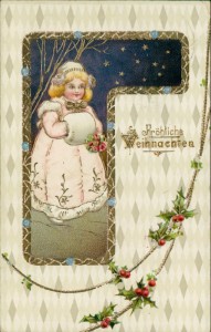 Alte Ansichtskarte Fröhliche Weihnachten, Mädchen unterm Sternenhimmel