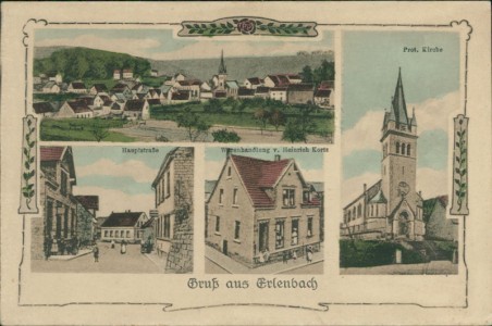 Alte Ansichtskarte Kaiserslautern-Erlenbach, Gesamtansicht, Hauptstraße, Warenhandlung v. Heinrich Kortz, Prot. Kirche