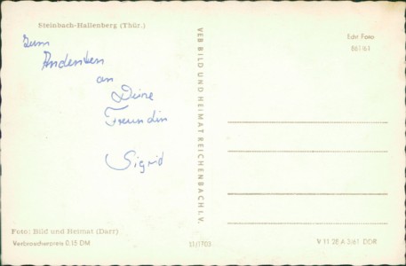 Adressseite der Ansichtskarte Steinbach-Hallenberg, Gesamtansicht
