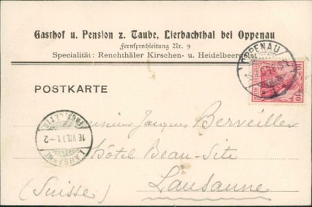 Adressseite der Ansichtskarte Oppenau, Gasthof und Pension z. Taube, Lierbachtal