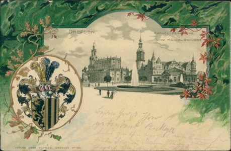 Alte Ansichtskarte Dresden, Kathol. Hofkirche und königl. Schloss, Wappen