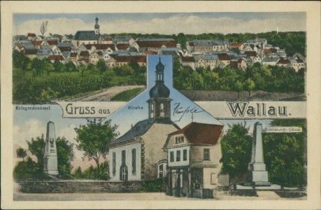 Alte Ansichtskarte Hofheim am Taunus-Wallau, Gesamtansicht, Kriegerdenkmal, Kirche, Erinnerungs-Säule