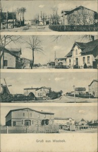 Alte Ansichtskarte Wasbek, Mehrbildkarte mit Windmühle