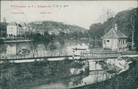 Alte Ansichtskarte Tübingen, Anlagensee mit Gymnasium und Blick zum Oesterberg