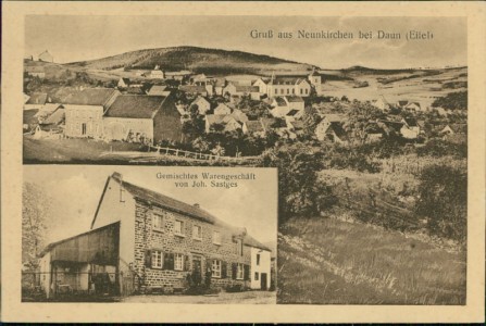 Alte Ansichtskarte Daun-Neunkirchen, Gesamtansicht, Gemischtes Warengeschäft von Joh. Sastges