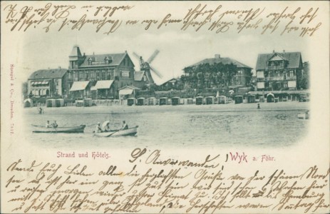 Alte Ansichtskarte Wyk a. Föhr, Strand und Hotels, Windmühle